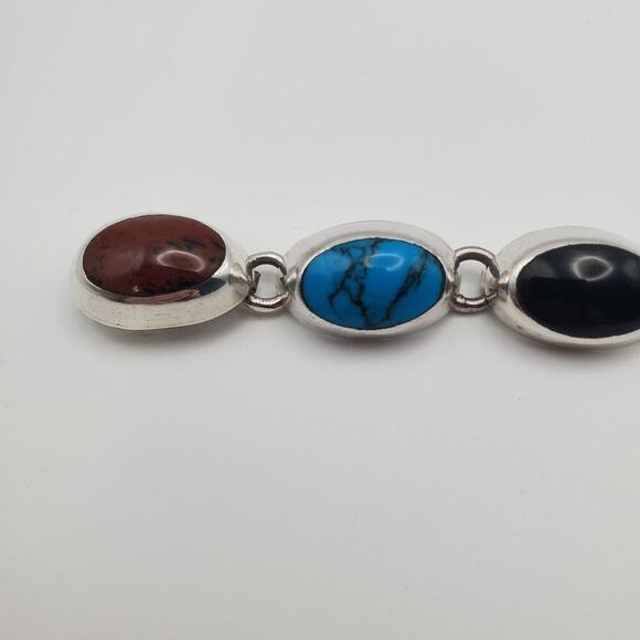 Vintage Taxco Mexico 925 Sterling Silver Multi Gemstone Bracelet 7 Inch 8 Gems - Picture 6 of 11